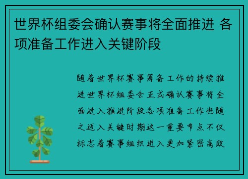 世界杯组委会确认赛事将全面推进 各项准备工作进入关键阶段